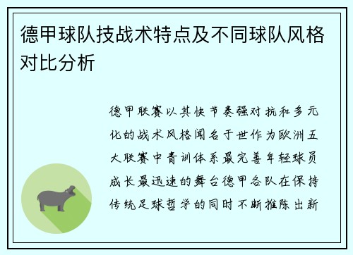 德甲球队技战术特点及不同球队风格对比分析