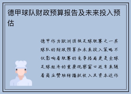 德甲球队财政预算报告及未来投入预估